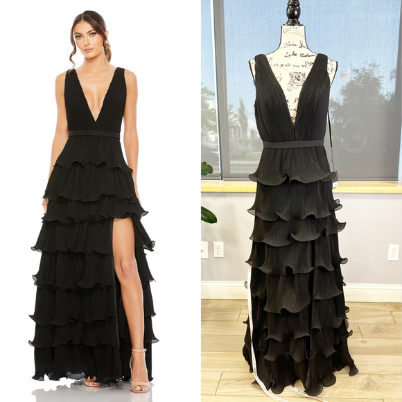SLEEVELESS RUFFLE TIERED V NECK GOWN  49054 Size 12 - Picture 1 of 8